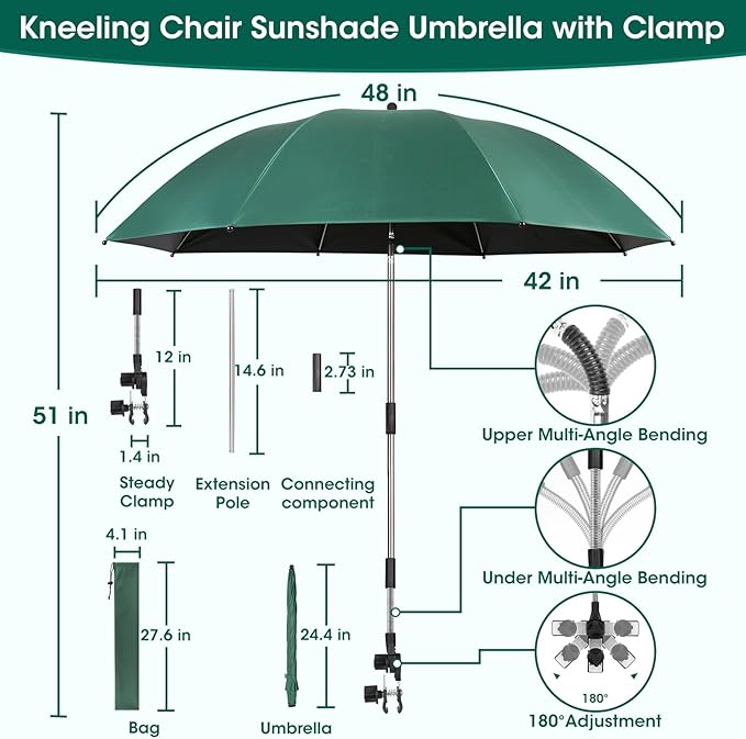 2-in-1 Garden Kneeler with Umbrella, Garden Kneeling Bench & Green Umbrella, Portable Garden Stool Loads Capacity 330lb and Garden Tools Bag with bottle holder, Gardening Gifts for Women,Men,Seniors