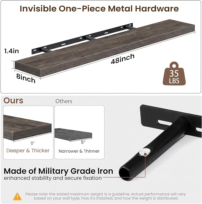Acovy 48x8in Floating Shelves 2 Pack, Wall Mount Display Shelf, Grayish Oak | Invisible Brackets, 35lb Sturdy MDF, 48in Long, Easy Install, For Bedroom, Bathroom, Living Room, Kitchen & Office
