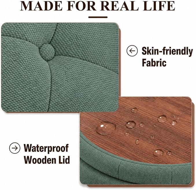 25" Round Ottoman with Storage, Small Coffee Table with Reversible Tray Lid | Tufted Fabric Round Storage Ottoman with Solid Wood Legs, 3-in-1 Footrest for Living Room, Bedroom, Entryway, Green