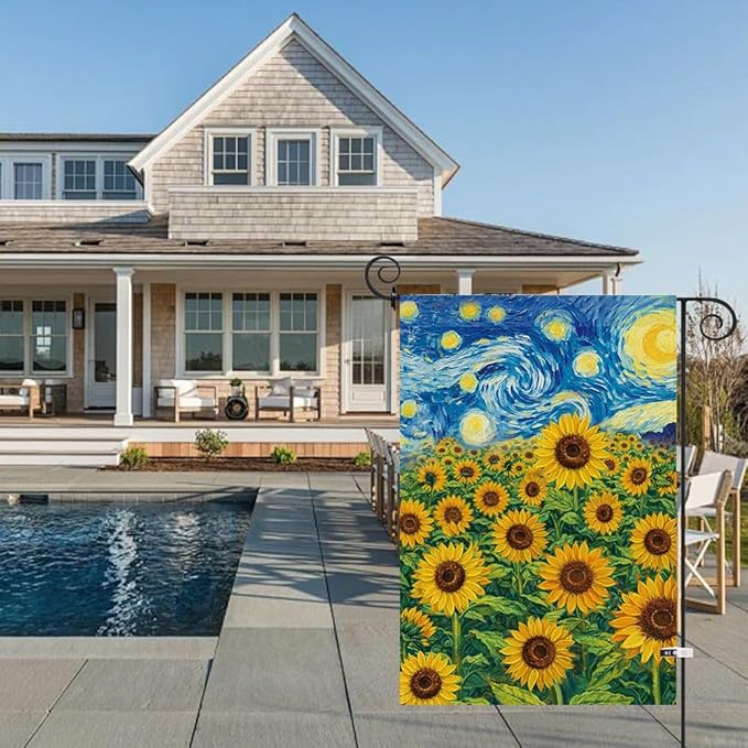 Baccessor Spring Summer Sunflowers Garden Flag 12.5x18 Inch Double Sided Burlap,Starry Night Flower Flag Yard Lawn Seasonal Farmhouse Outside Outdoor Decoration