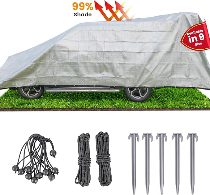 99% Aluminet Shade Cloth 13'x13' Aluminum Shade Cloth Heat Protection Reflective Tarp Aluminet Car Shade with Elastic Cord & Nylon & Rope Nails Suitable for UV Protection for Outdoor Use