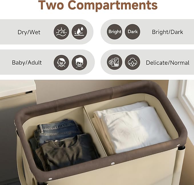 StorageWorks 2 Section Laundry Hamper, 100L Tan Sorter Cart with Wheels | 2 Section Laundry Hamper with Wheels, Tan Sorter Cart, Rolling Organizer for Bedroom, Bathroom, Apartment