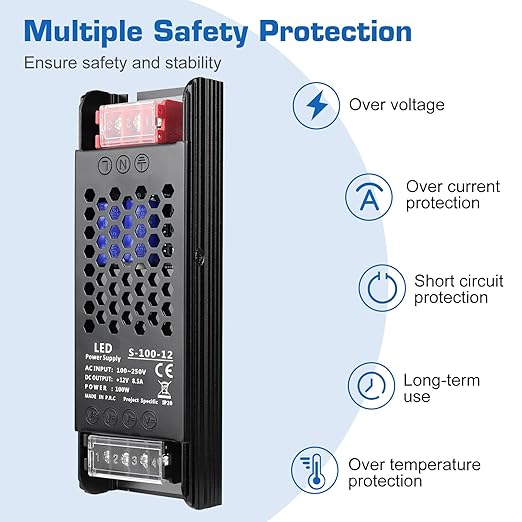 12V Power Supply 100W 8.3A Slim LED Driver, AC 100-250V to DC 12V Switching Power Supply, Constant Voltage Transformer for LED Strip Lights, Cabinet Lighting, CCTV Camera
