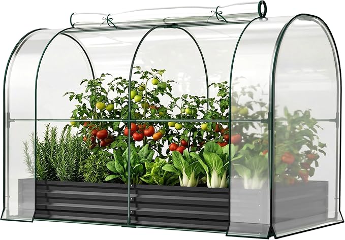 SUNYRISY Galvanized Raised Garden Bed with Greenhouse, Outdoor Metal Planter Box with Plant Bed Cover, Garden Box Protection for Gardening Vegetables Flowers Herbs Planting, Black