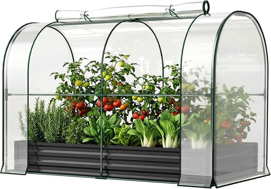 SUNYRISY Galvanized Raised Garden Bed with Greenhouse, Outdoor Metal Planter Box Kit with Bed Cover, Garden Box Protection for Gardening Vegetables Flowers Herbs Planting, Black