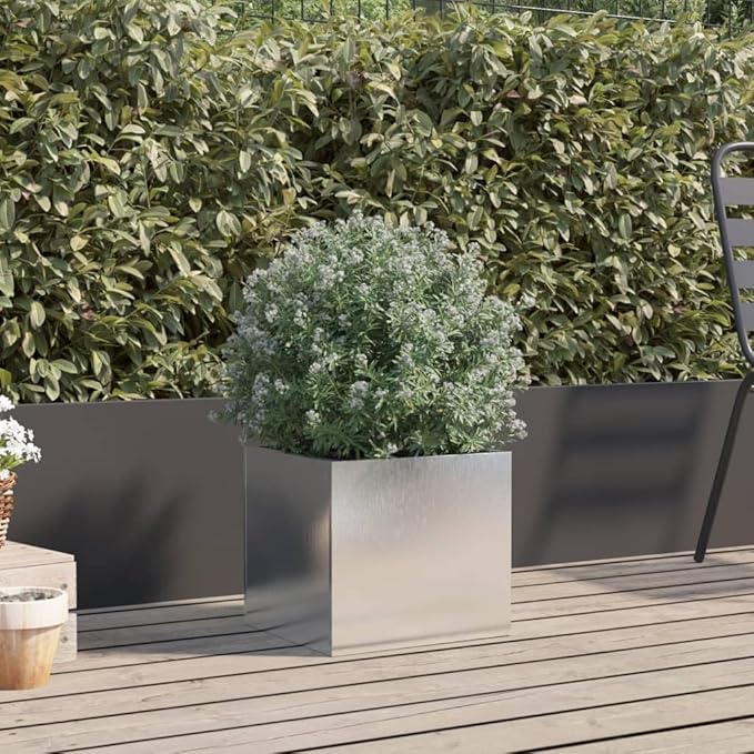 Stainless Steel Rectangular Planter for Small Plants Modern Design Indoor Outdoor Use Large Size 12.6x11.8x11.4 Inches Polished Finish Durable Rust Resistant
