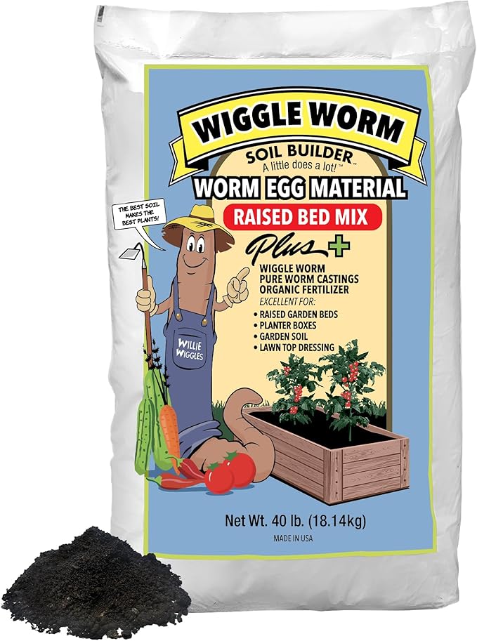 Wiggle Worm Raised Bed Mix, 40lbs - Organic Soil and Fertilizer for Container Gardening - Worm Egg Material Mixed with Odor Free Pure Worm Castings