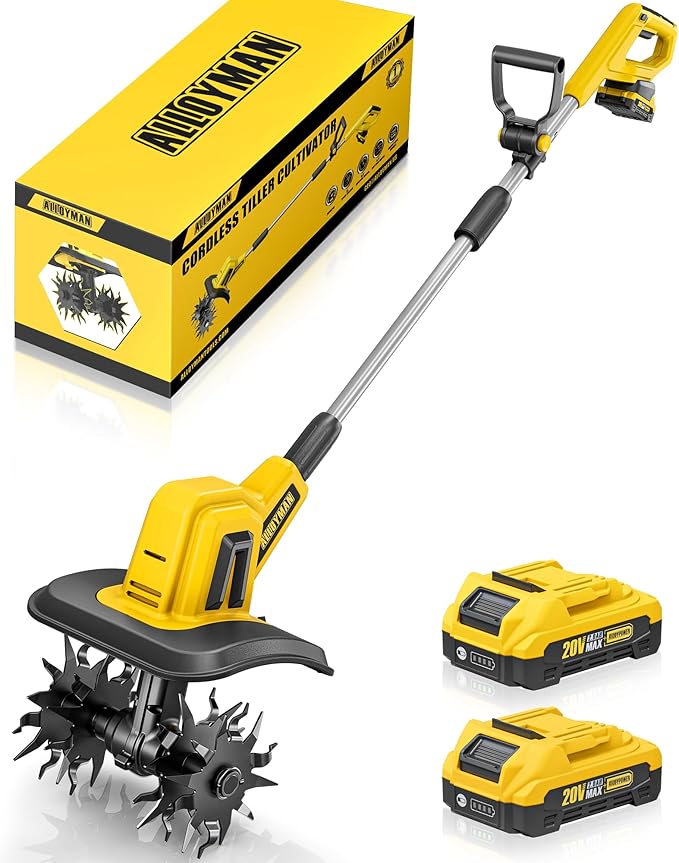 Alloyman 20V Cordless Tiller Cultivator, 360RPM Electric Garden Tiller, with 2 * 2.0Ah Batteries & Charger, 9In Tilling Width and 6.6In Depth Garden Rototiller for Lawn/Gardening/Soil Cultivation
