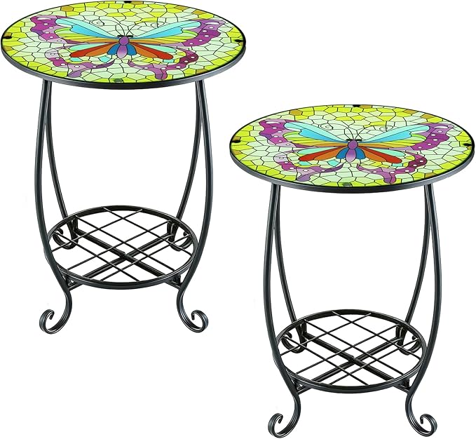 Arbuxzuy 2pcs Small Outdoor Side Table with Colorful Butterfly, Glass Mosaic Patio Table Indoor, Round Plant Coffee Table for Living Room, Balcony, Garden（Butterfly Style）
