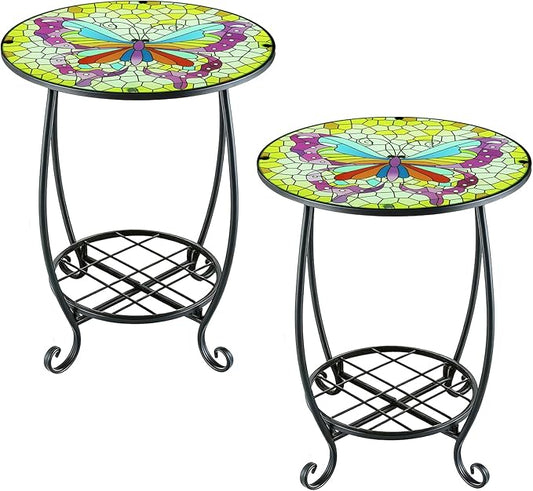 Arbuxzuy 2pcs Small Outdoor Side Table with Colorful Butterfly, Glass Mosaic Patio Table Indoor, Round Plant Coffee Table for Living Room, Balcony, Garden（Butterfly Style）