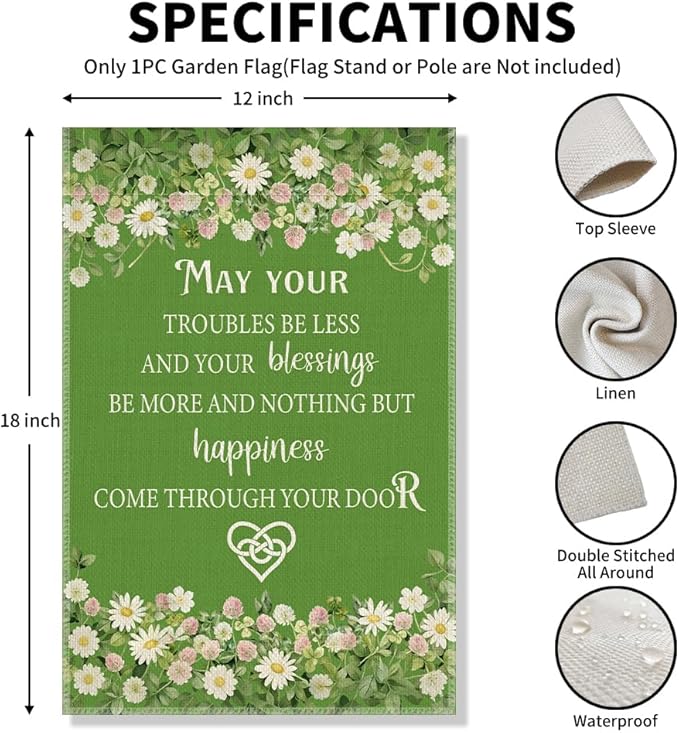 May Your Troubles Be Less and Your Blessings Be More Funny Garden Flag for Outside, Inspirational Irish Blessing Yard Banner, Green Floral Spring Welcome Farmhouse Home Holiday Outdoor Decor