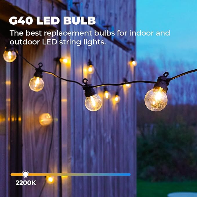GvvooHome 50 Pack G40 LED Replacement Bulbs, Shatterproof 1 Watt E12 LED Bulb for Outdoor Patio Garden Vintage String Lights, 2200K Warm White, Dimmable