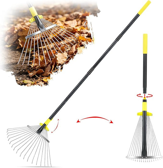 Jardineer Garden Rake for Leaves - Adjustable Metal Leaf Rake with Expandable Head and 59 Inch Long Handle, Yard Rake for Leaves, Debris, Tight Spaces and Yard Waste Removal