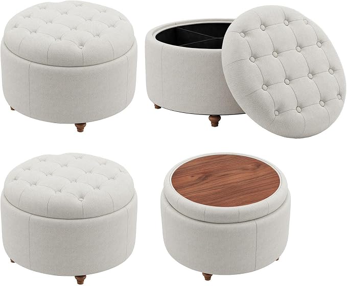 25" Round Ottoman with Storage, Small Coffee Table with Reversible Tray Lid | Tufted Fabric Round Storage Ottoman with Solid Wood Legs, 3-in-1 Footrest for Living Room, Bedroom, Entryway, Beige