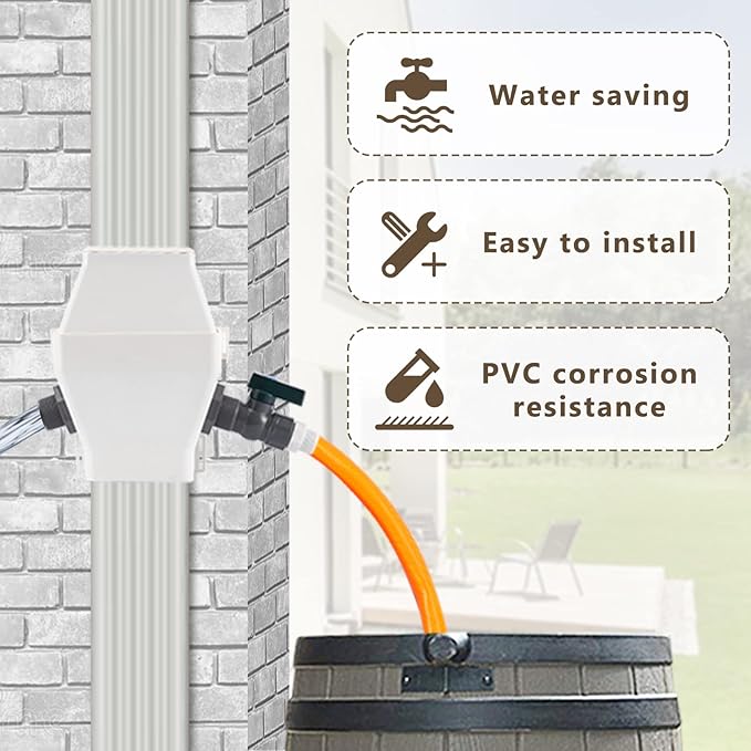 Rain Barrel Diverter, RainWater Collection System Fits for 2x3 or 3x4 Inch Downspout Diverter Colander, Tintsabo Upgrade Rain Barrel Diverter Kit with Filtration and PVC Spigot, White