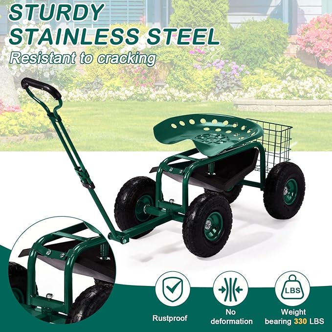VINGLI Garden Cart, Garden Seat with 360°Swivel Chair, Storage Tool Tray & Steering Handle, Garden Stool with Wheels for Gardening, Patio, Yard, and Outdoor Work (Green)