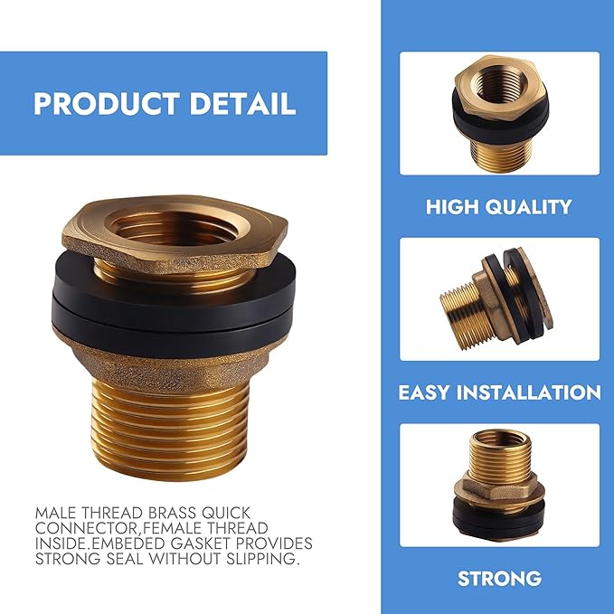 Leak-Proof Bulkhead Fitting 1/2" Female NPT x 3/4" Male GHT, Solid Brass Water Tank Connector for Rain Barrels, Troughs, Pools, Double Rubber Gasket, Rust-Resistant, DIY