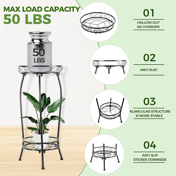 LOYAL TIGER Plant Stand Indoor Outdoor, 2 Tier 27 Inch Tall Metal | Heavy Duty Plant Rack, Rustproof Metal, Stable 3-Leg Base, Holds up to 100 lb, Flower Pot Holder
