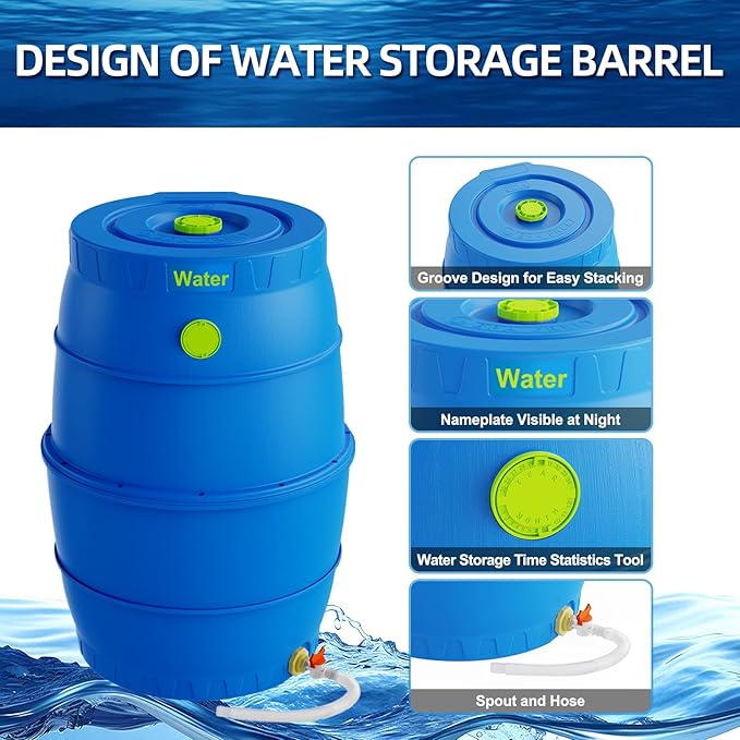 EJWOX 50 Gallon Blue Water Storage Barrel, BPA-Free Rainwater Collection Drum with Spigot, Stackable UV-Resistant Durable PP (Polypropylene) Barrel for Emergency Drinking Water & Gardening