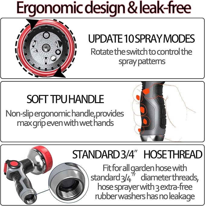 Hose Nozzle 10 Adjustable Patterns Garden Hose Nozzle Premium High Pressure Water Hose Nozzle with Thumb Control Design Hose Sprayer Nozzle for Garden & Lawns Watering, Cleaning, Pets & Car Washing