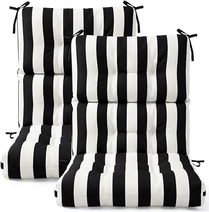 Hoteam 2 Pcs High Back Chair Cushions Set - 44'' x 21'' Indoor Outdoor Waterproof Soft Thicken Stripes Replaceable Cushion for Garden Summer Rocking Chair, Patio Furniture (Black Stripes)