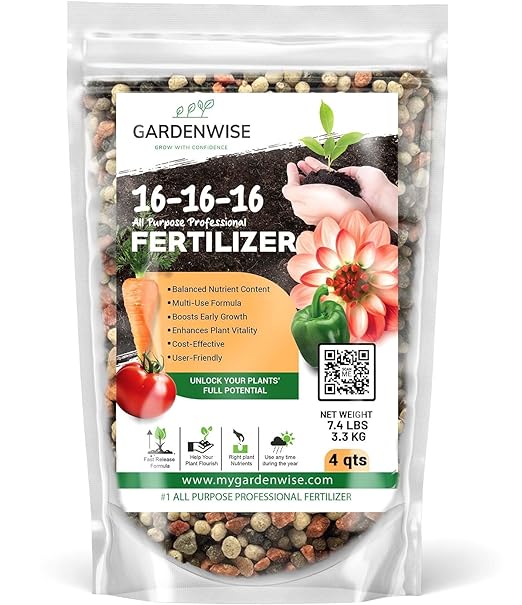 GARDENWISE 16-16-16 All Purpose Professional Fertilizer - Lawn & Flower & Tree & Shrub & Vegetable Garden Fertilizer (4 QUARTS)