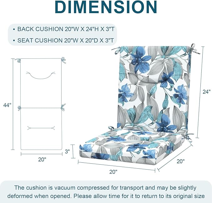 DYTXIII Outdoor High Back Chair Cushions Set of 2, 44x20 in Water Repellent Patio Seat Cushions with Elastic Sponge, All Weather Cushions for Rocking, Dining, Patio Furniture - Clemens Noir Blue