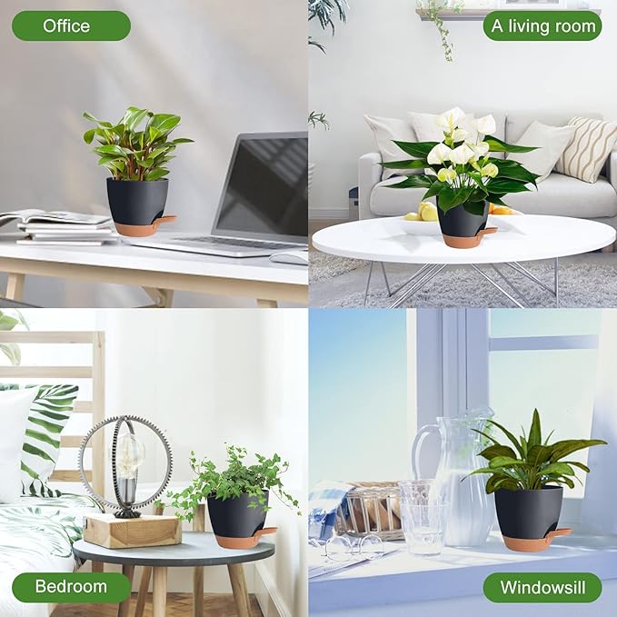 Vanslogreen Plant Pots Pack of 5, 7/6.5/6/5.5/5 Inch Self Watering Planters with Drainage Hole Planter for Indoor Plants, Planting Pots for African Violet, Ochid and House Plants (Black)