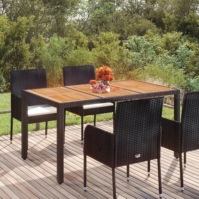 vidaXL Black Poly Rattan Patio Table with Acacia Wooden Top, Weather Outdoor Garden Furniture, Easy Assembly, Durable & Stable, Ideal for Patio, Garden & Outdoor Spaces, Size: 59.1"x35.4"x29.5"
