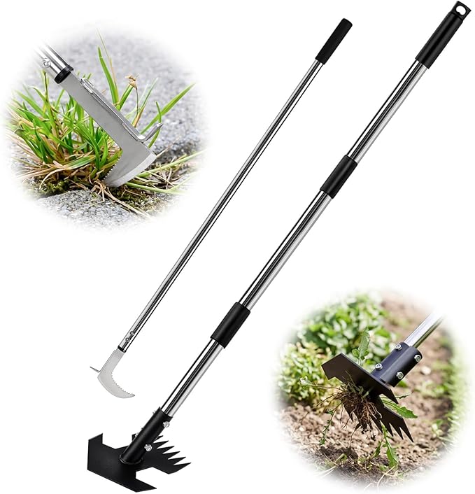 Adjustable 2-in-1 Garden Hoe with Rake & L-Shaped Crack Weeder Set, Stainless Steel Long Handle Weeding Tool for Stand up Soil Prep, Leveling and Yard Cleanup (No Bending Required)