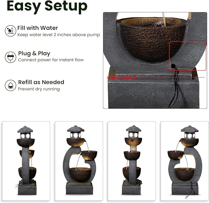 Tankana 36 inches Garden Water Fountain Outdoor Zen Pagoda Japaness Modern Tranquil Waterfalls Fountains Bowl with LED Lights & Pump for Patio Yard Porch Deck Home Decor Gray