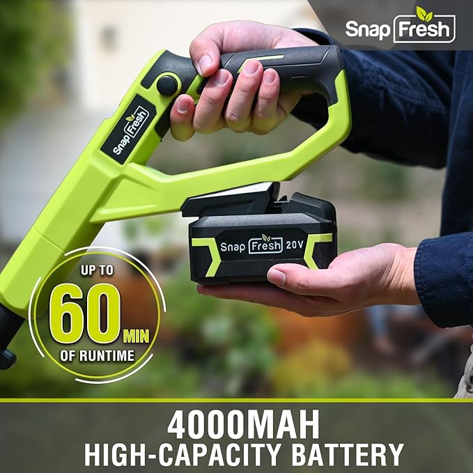 SnapFresh 20V Cordless Tiller Cultivator, 4.0Ah Battery & Fast Charger Included, 300 RPM Electric Garden Rototiller, 9” Width 6.6” Depth, 3-Speed Lightweight Handheld Soil Tiller with Steel Tines