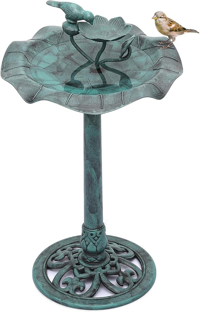 Athena Collection 35'' Height Bird Bath Vintage Pedestal Birdbath 5L Water Bird Fountain Polypropylene Lotus Accents Bird Bath Bowl Outdoor Decor 2 Tier Birdbath for Outside, Patio, Garden, Green