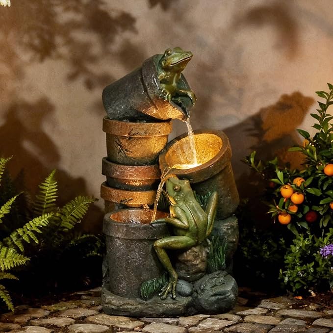 Sunlinua 27.5" H Frog Outdoor Water Fountain, Decorative Resin Water Fountain with LED Lights, Garden Waterfall Fountains Indoor and Outdoor for Patio, Porch, Courtyard, Home Decor