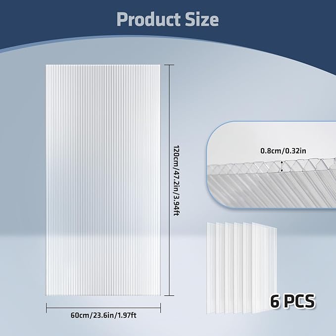 UMIG 6 PCS 4' x 2' x 0.32'' Polycarbonate Greenhouse Panels, Twin-Wall Waterproof UV Protected Corrugated Plastic Roof Panels Sheets, Clear Replacement Panels for Greenhouse, Outdoor, Plant