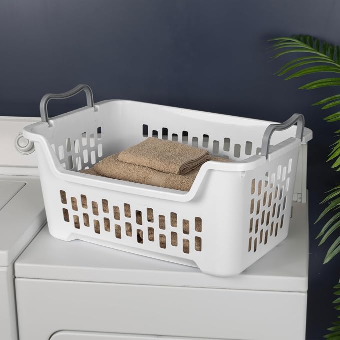 Sterilite 24 Pack Stacking Laundry Basket, 2 Bushel Clothes Hamper, White | Stackable Laundry Basket, Large Rectangular Storage Bin with Carrying Handles and Large 2 Bushel Capacity