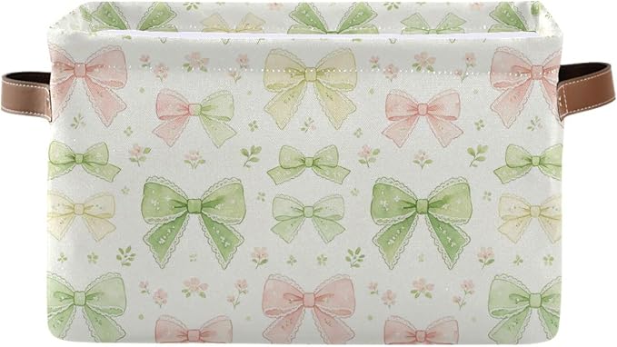 Sweet Coquette Mint Bow Background Canvas Storage Basket Fabric Storage Bin Collapsible Canvas Basket Organizers and Storage Containers for Bedroom Nursery Toys Clothes