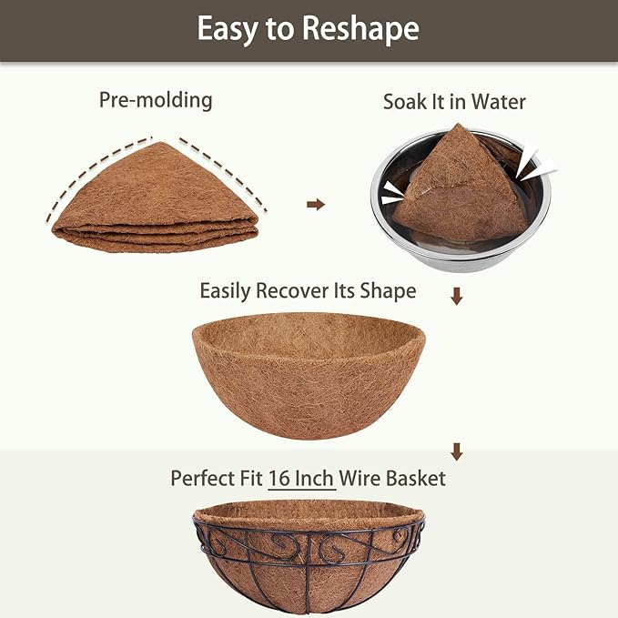 GreatBuddy 4 Pcs Coconut Hanging Basket Liners 16 Inch, Sturdy Round Coco Liners for Planters, Perfect Replacement for The Old, 100% Natural, Easy to Straighten Out