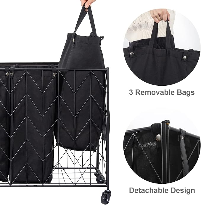 WOWLIVE Laundry Hamper 3 Section with Lid, 142L Laundry Basket with Wheels | Rolling Dirty Clothes Hamper with Removable Bags, Large Iron-Made Laundry Basket Organizer Laundry Sorter for Dorm, Black