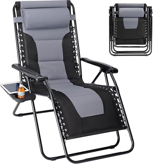 Sweetcrispy Zero Gravity Chairs, Foldable Patio Reclining Chairs with Adjustable Pillow & Cup Holder, Oversized Portable Support 400 lbs, for Backyard Camping(Black-Gray)