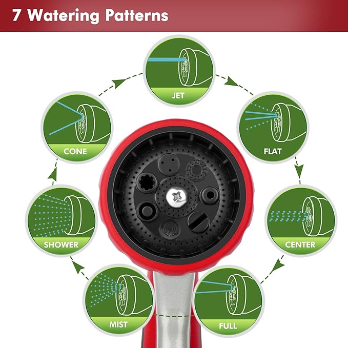 RESTMO Garden Hose Nozzle, Heavy Duty Metal Water Hose Nozzle with 7 Adjustable Spray Patterns, High Pressure Hand Sprayer with Flow Control, Best for Watering Plants & Lawns, Washing Cars & Pets, Red