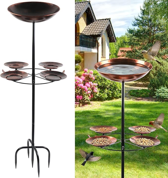 2.8" Deep 41" Tall Metal Bird Bath Bow with 4 Set Bird Feeder for Outdoors,12" Dia 2-in-1 Bird Bath & Feeder Water Bowl,Vintage Standing Birdbaths with Stable Stake for Garden Yard Lawn Decor