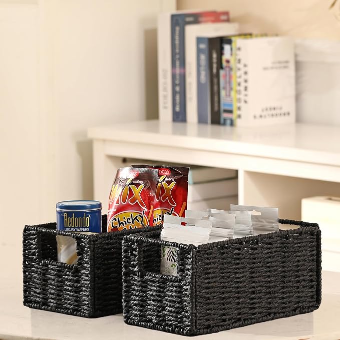 Vagusicc Wicker Storage Basket, Set of 2 Black Wicker Baskets for Bathroom