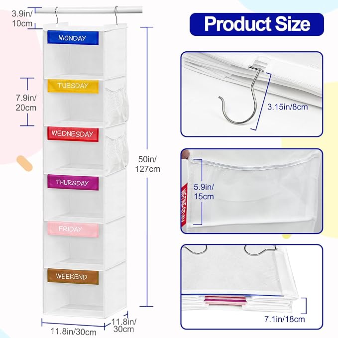 homyfort Weekly Clothes Organizer for Kids, 6-Shelf Hanging Closet Organizer with Colorful Labels, Space Saving Design with 2 Pockets, Daily Hanging Closet Shelves for Kids Room Storage, White