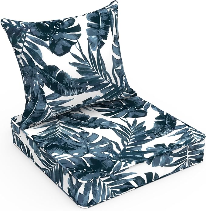 LVTXIII Outdoor Deep Seat Cushion Patio Seat and Back Cushion Set Seasonal Chair Cushion with Removable Cover and Adjustable Buckle for Home and Garden, 22"x22"x4", Palms Blue