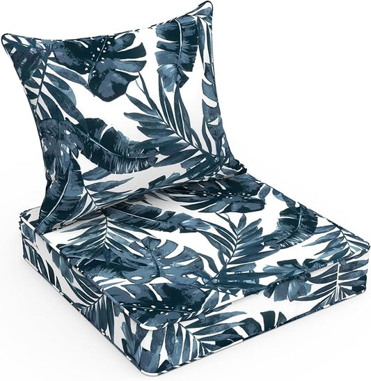 LVTXIII Outdoor Deep Seat Cushion Patio Seat and Back Cushion Set Seasonal Chair Cushion with Removable Cover and Adjustable Buckle for Home and Garden, 22"x22"x4", Palms Blue