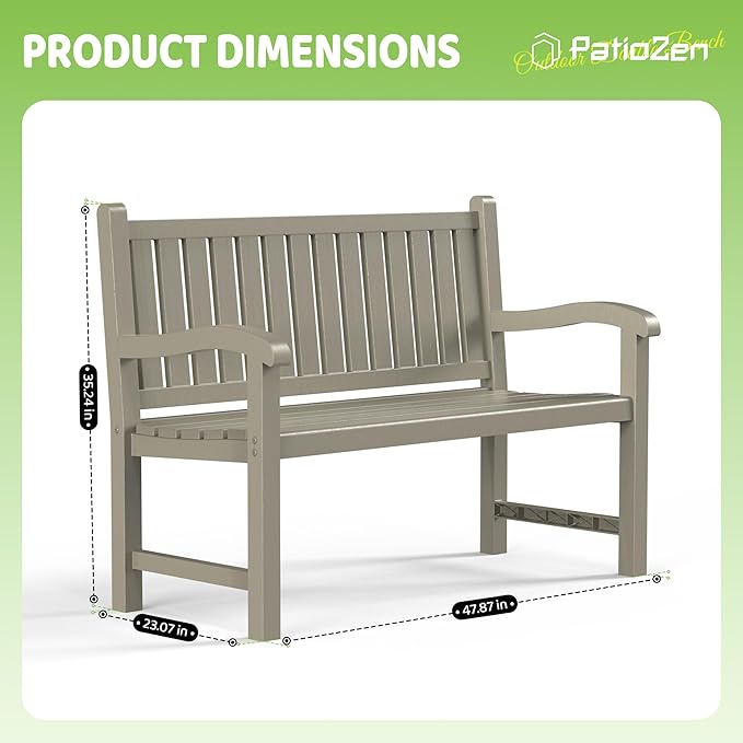 PatioZen Outdoor Bench, Waterproof & Weatherproof Garden Bench with Ergonomic Design, 2-Person Resin Bench for Porch, Deck, Patio, Outdoor, Garden & Park(Grey)
