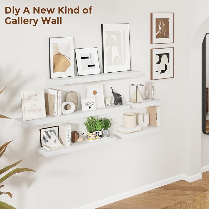 Heimlove 36 Inch Floating Shelves for Wall 8 Inch Deep White Shelves Set of 2,Wall Mounted Rustic Wood Long Floating Shelf with Invisible Brackets for Bedroom Kitchen Living Room