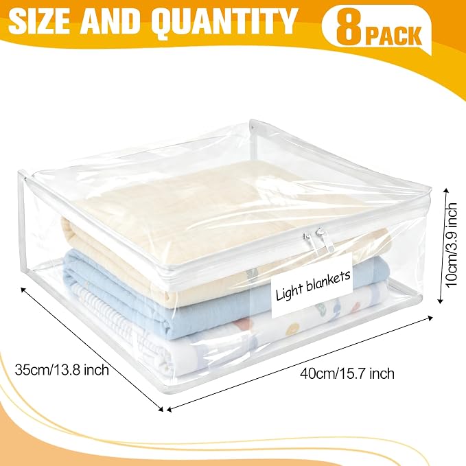 Plastic Storage Bags with Easy-Glide Zipper, Pack of 8, Durable Clear Vinyl Zippered Storage Bags for Clothes Sweaters Comforters Blankets Sheets Bedding (15.7 x 13.8 x 3.9 Inch, Transparent White)