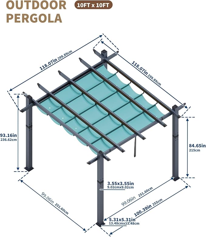 KYBOLT 10x10 Ft Outdoor Pergola Metal Gazebo with Retractable Canopy for Backyard Deck Patio Porch Grape Trellis(Blue)